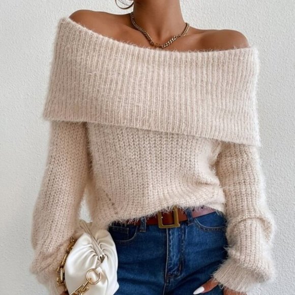 Sweaters - CHIC Off The Shoulder Flap Detail Soft Fuzzy Sweat